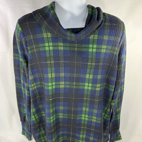 Torrid Women’s Brushed Waffle Cowl Top Size 2 Plaid Green Blue Pullover - Picture 1 of 11
